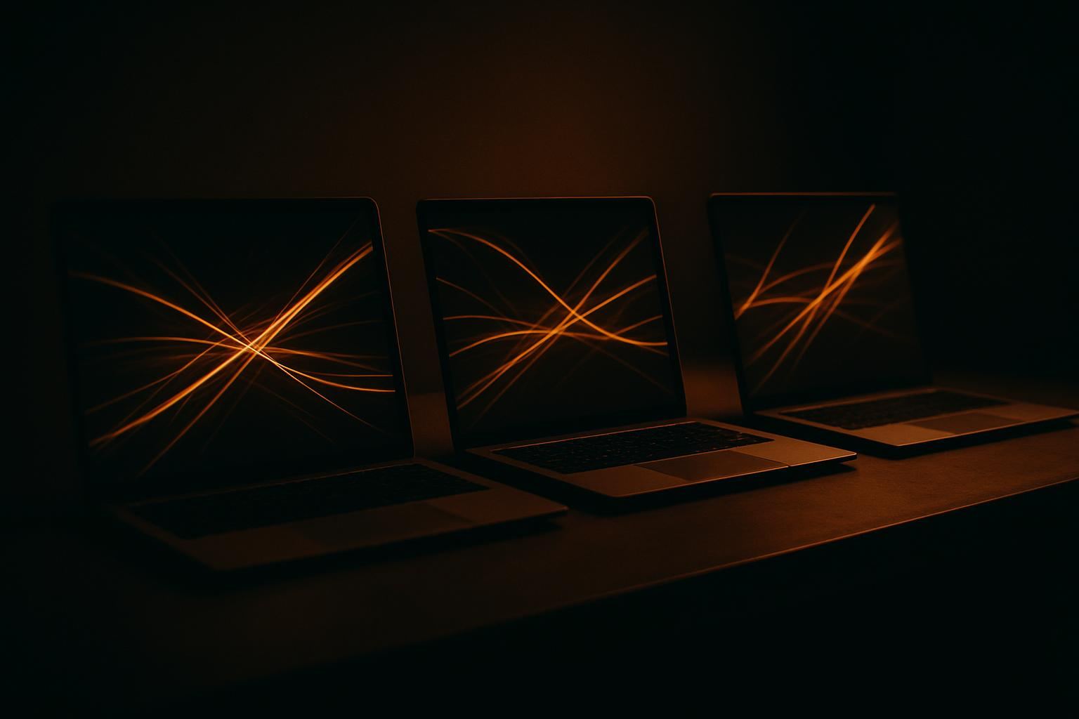 Three identical laptops side by side on a long desk in a dark room, screens glowing amber