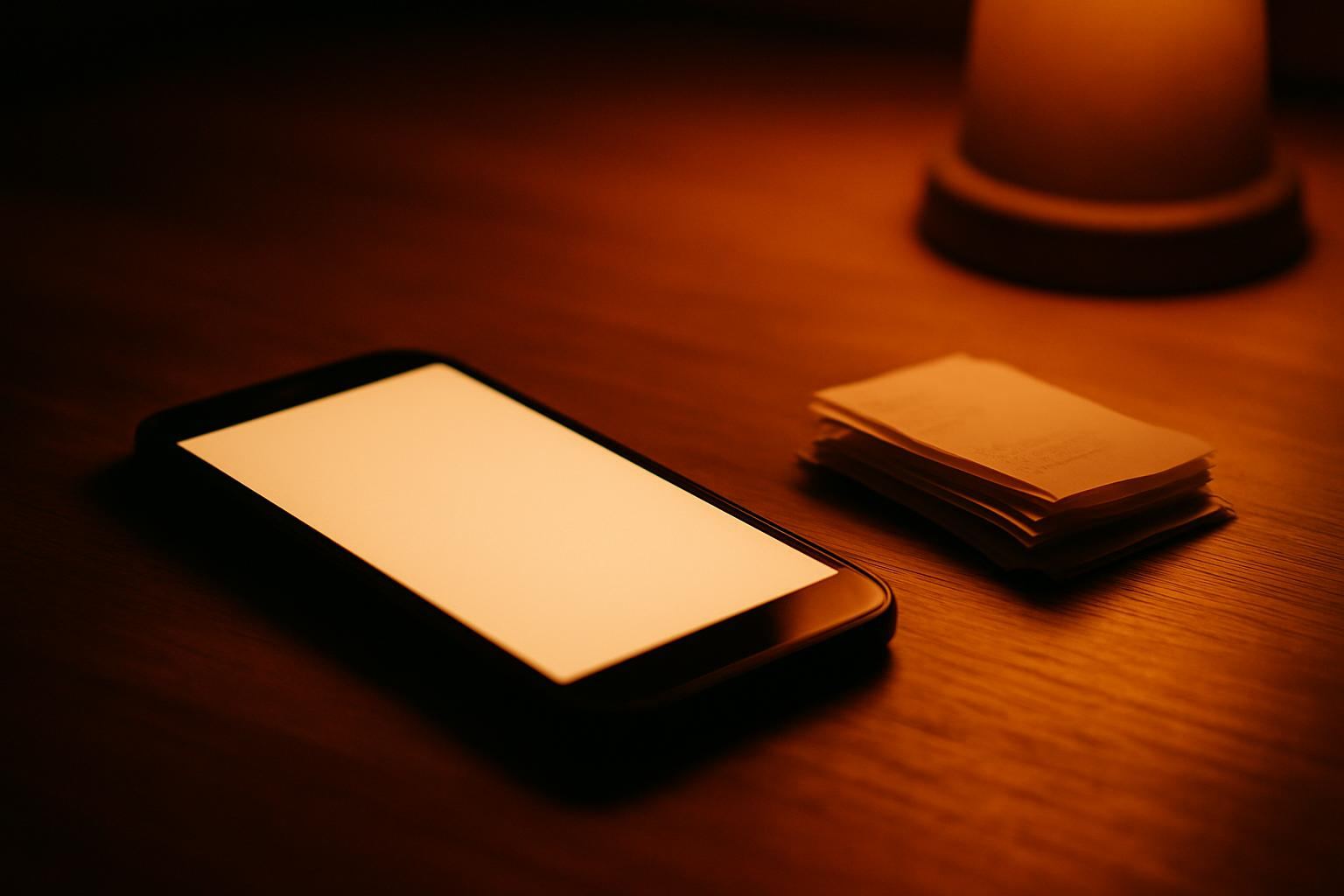 A smartphone face-up on a wooden desk, its screen softly glowing, beside a small stack of receipts
