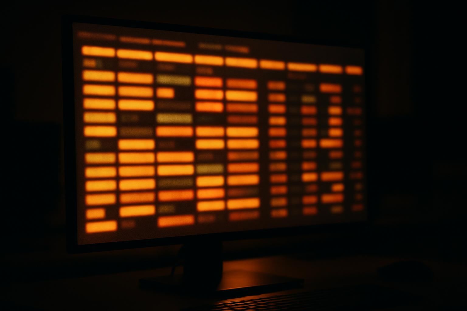 A large monitor in a dark office showing a grid of glowing coloured tiles