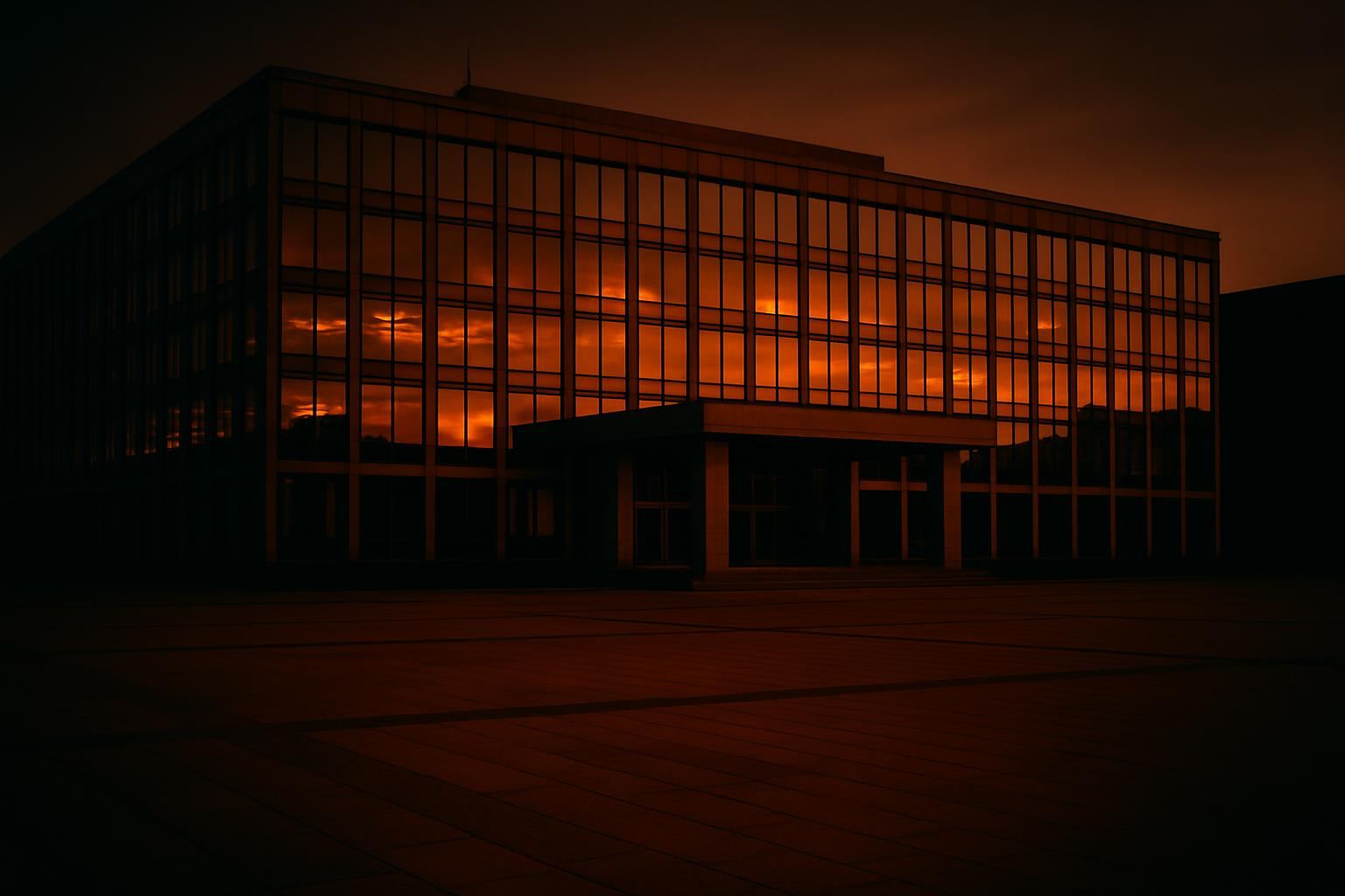 A glass government building at dusk reflecting warm orange light over an empty plaza