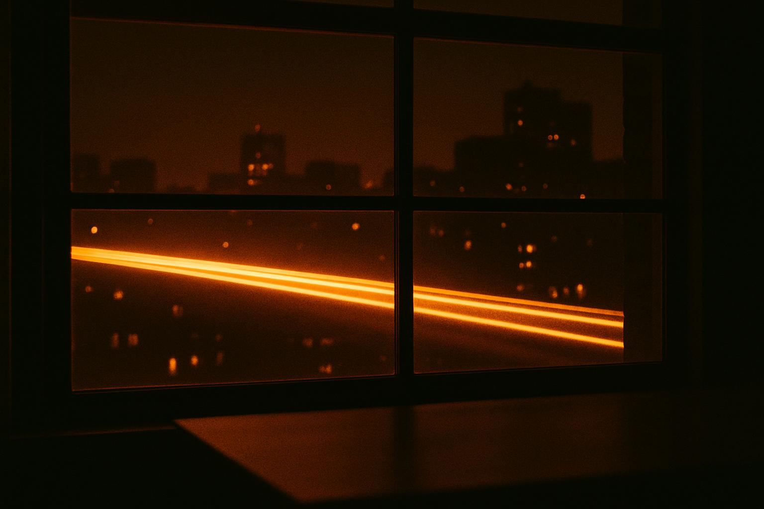 A streak of warm light across a dark city at night, seen through a window in a long exposure