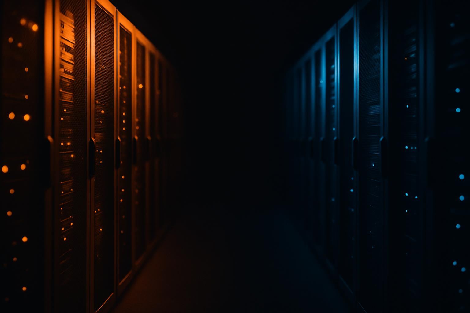 Two rows of server racks side by side in a dark aisle, one lit amber and one lit cool blue