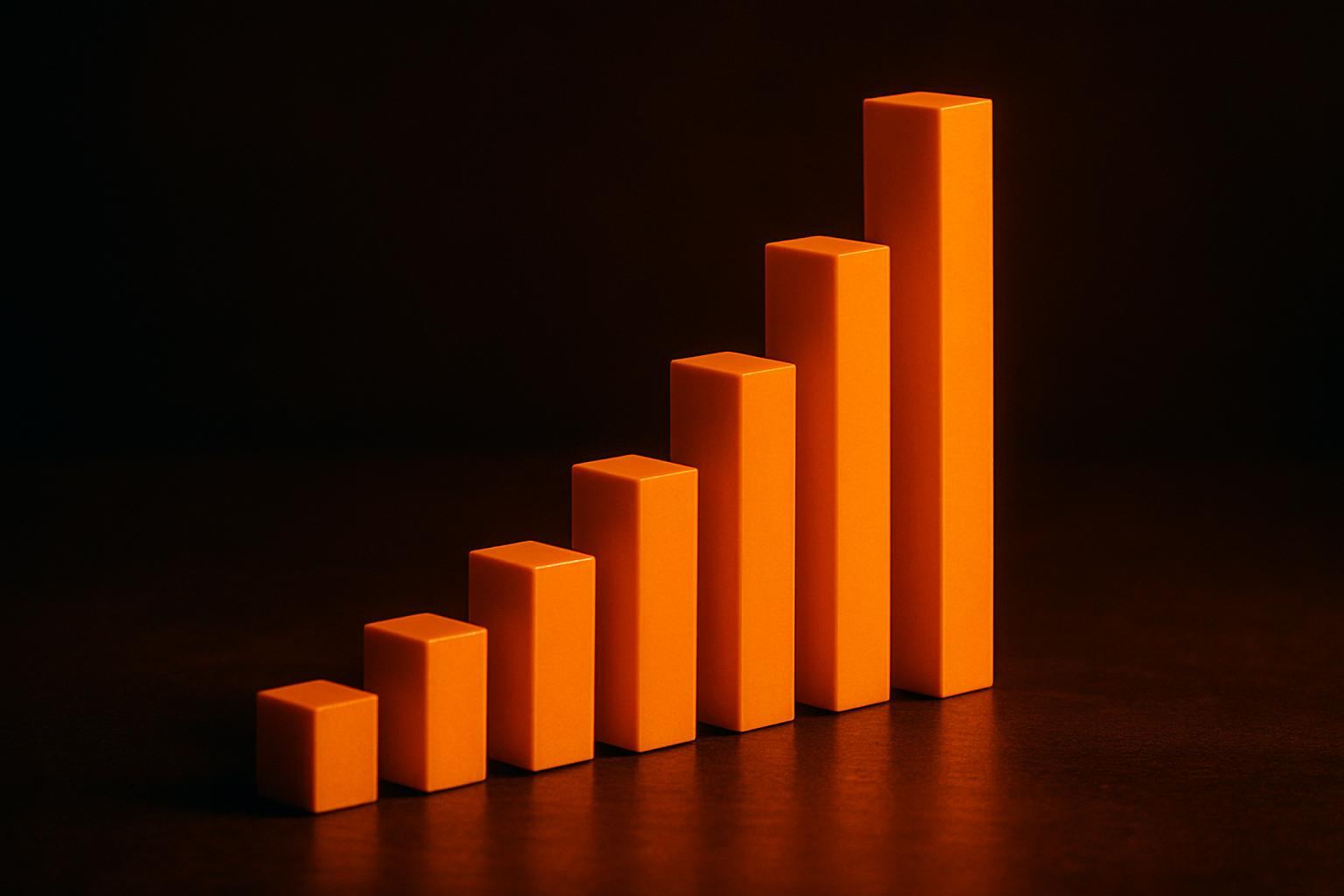 Glowing orange bars of different heights standing on a dark surface like a physical chart