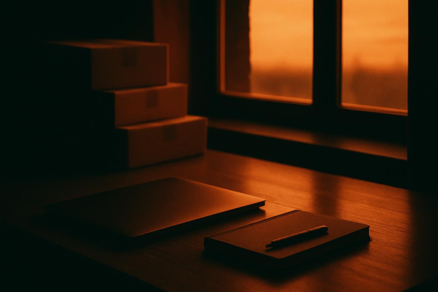 A quiet desk by a window at dawn, a closed laptop and notebook, unopened parcels stacked behind