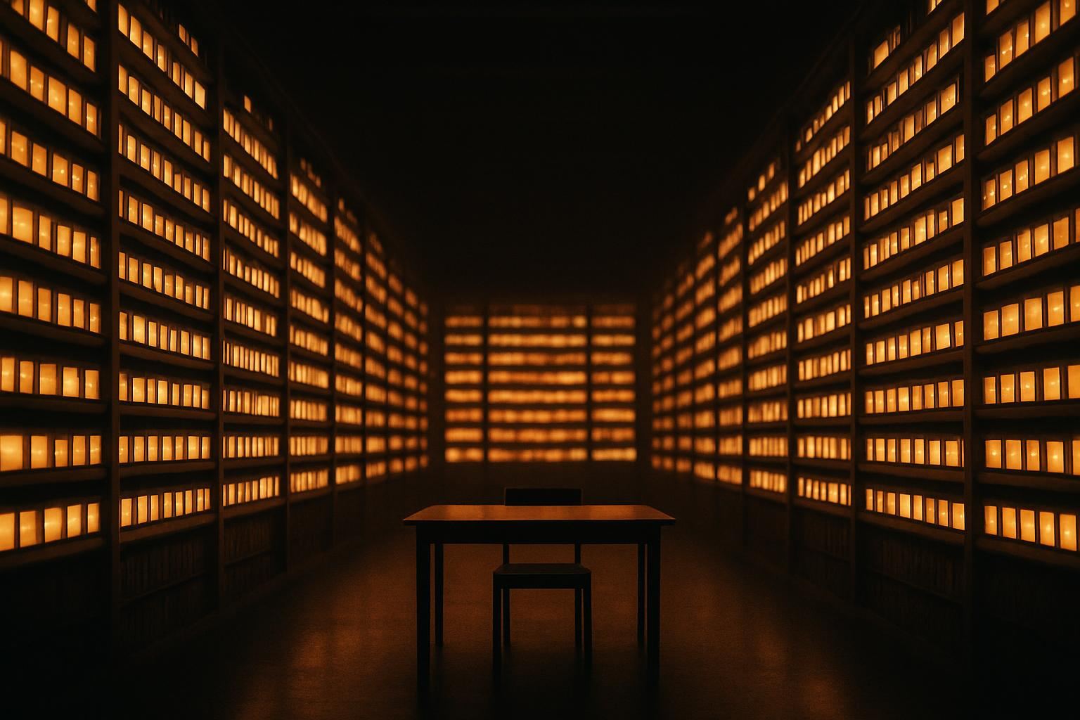 A vast dark hall of shelves lined with small glowing boxes, a single empty desk in the middle