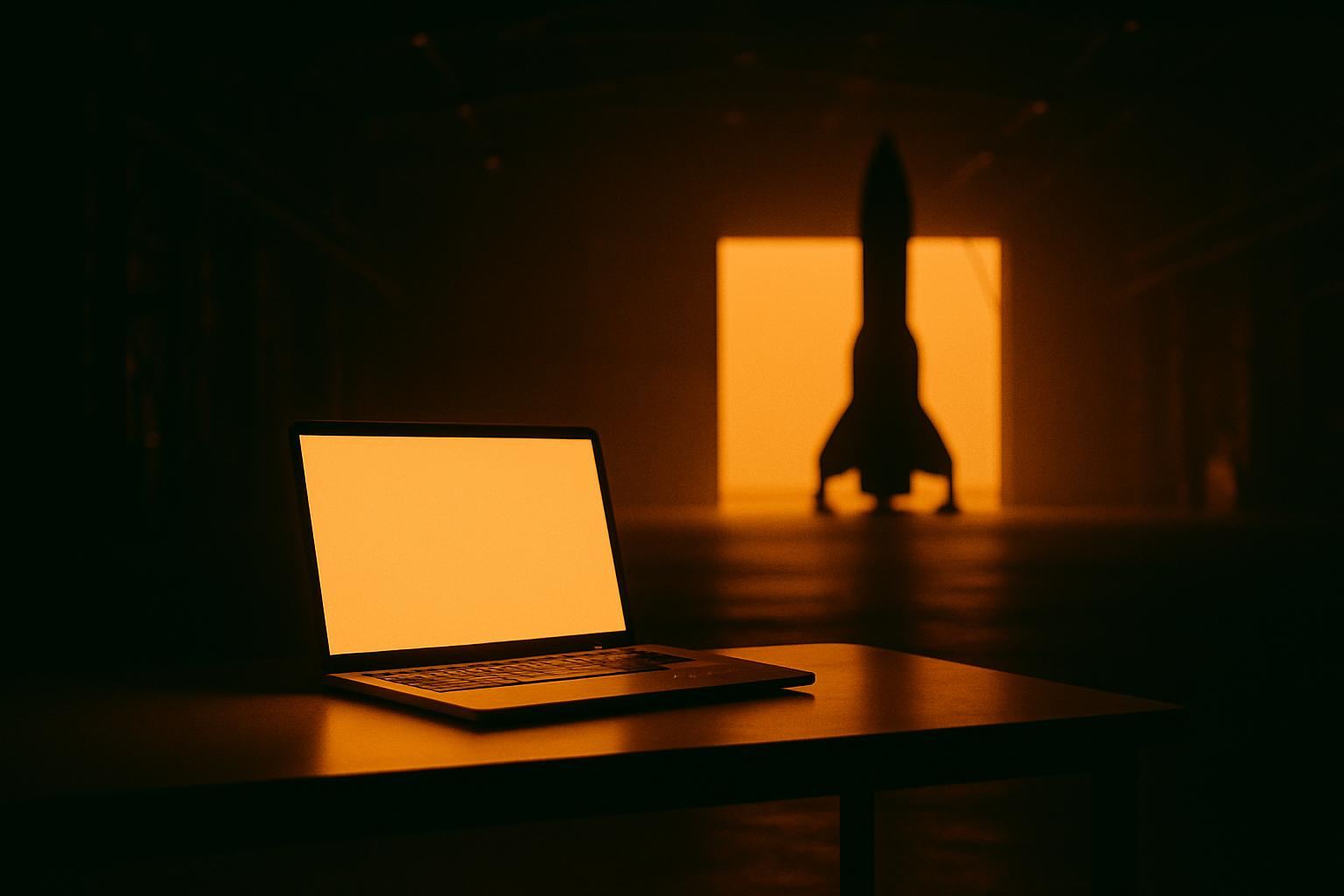 A laptop glowing on a desk inside a vast dark hangar, a rocket silhouette far in the background