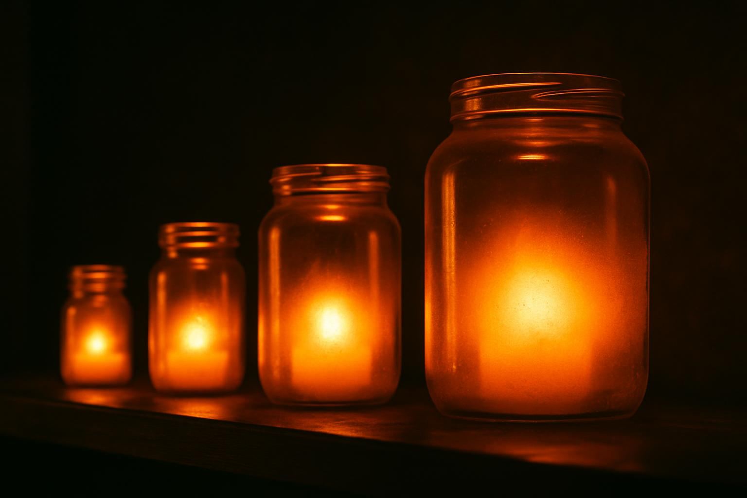 Four glass jars of different sizes on a dark shelf, each filled with glowing orange light