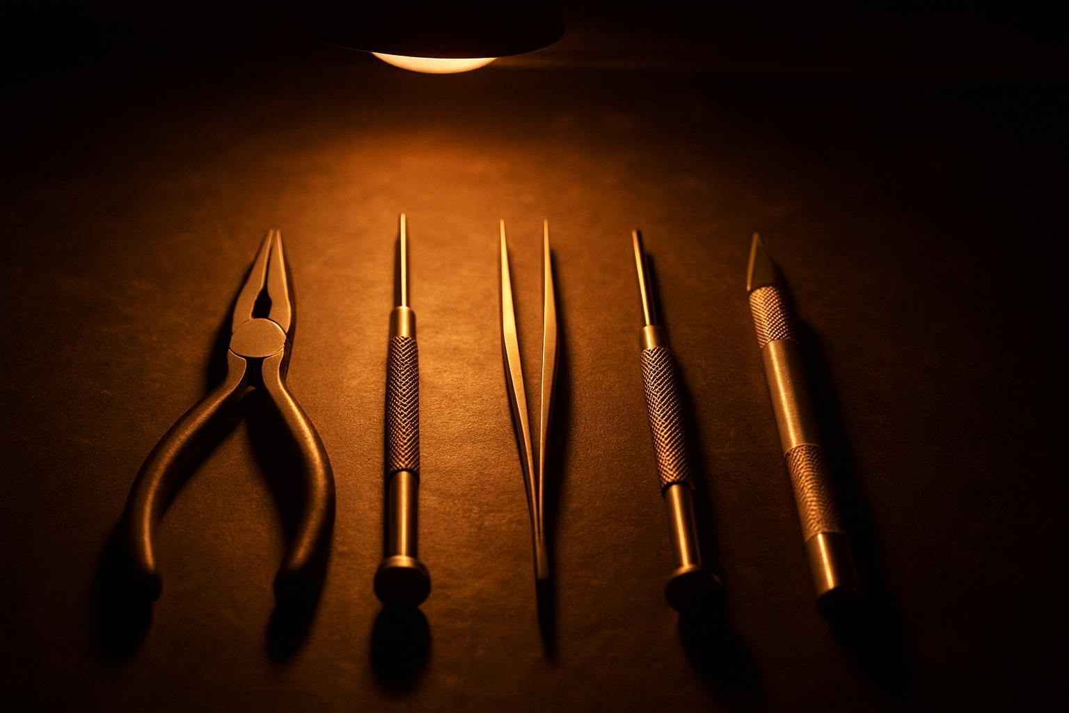 Five different precision tools laid out in a row on a workbench under a warm lamp