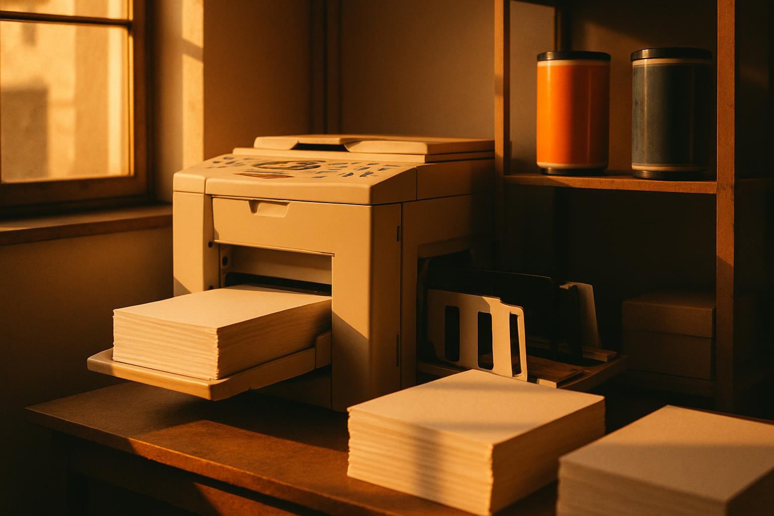 A risograph printer in a small studio, stacks of paper and orange and blue ink drums in warm light